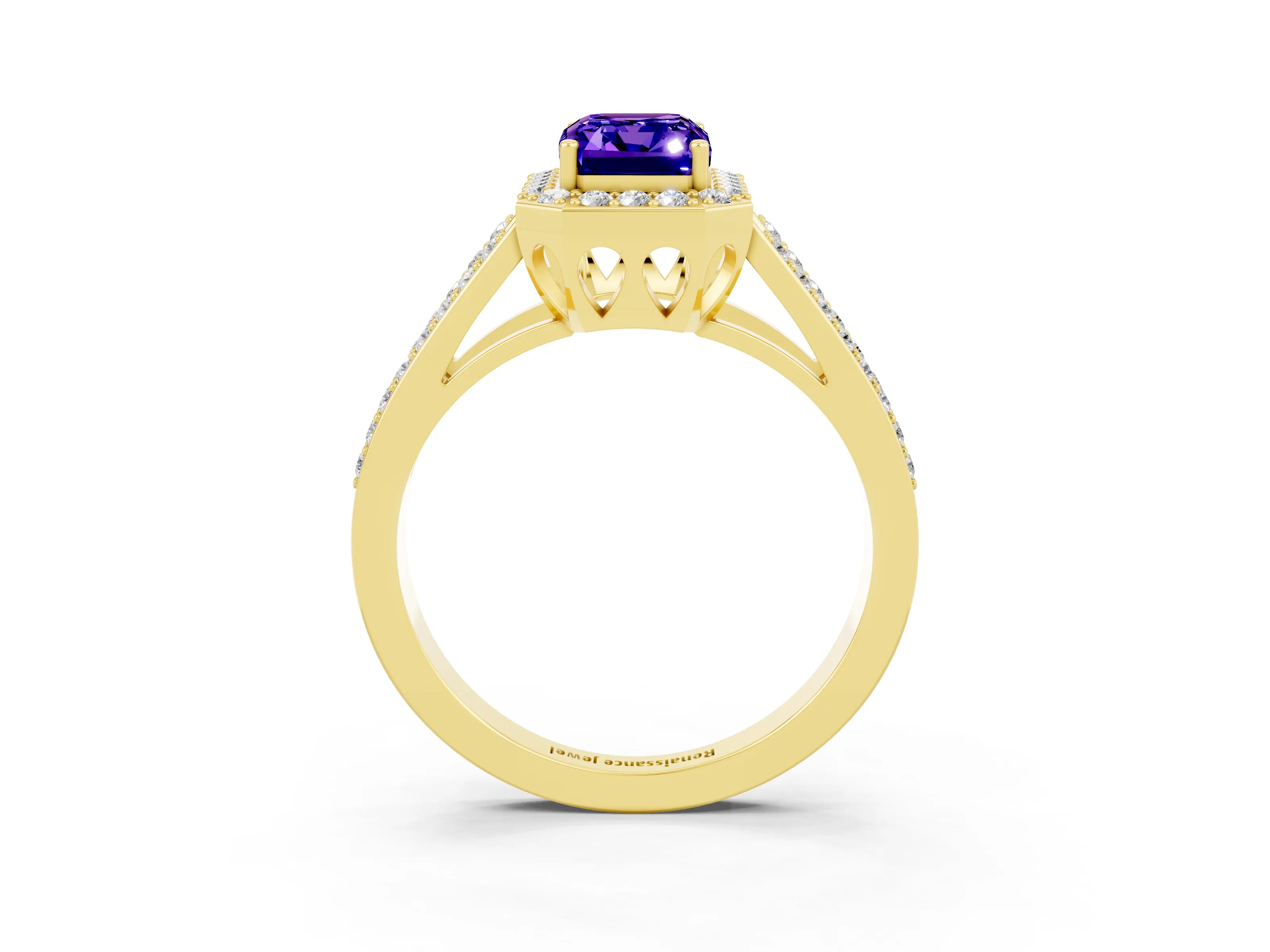 Yellow gold Emerald Cut Tanzanite Halo Ring with Split Shank U-Prong Band and Four-Prong Setting_3