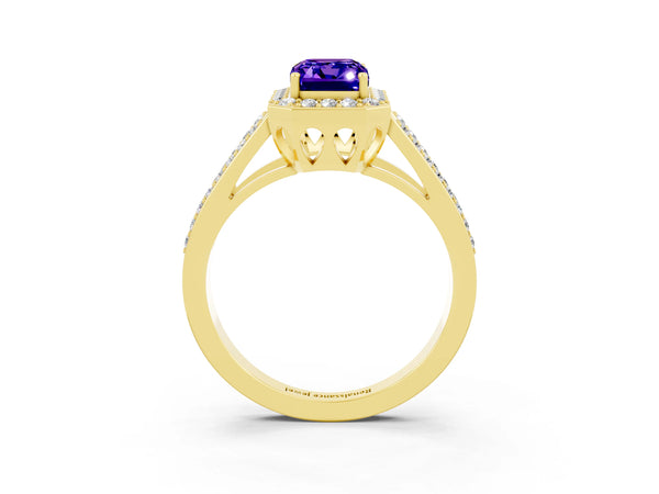 Yellow gold Emerald Cut Tanzanite Halo Ring with Split Shank U-Prong Band and Four-Prong Setting