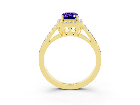 Yellow gold Emerald Cut Tanzanite Halo Ring with Split Shank U-Prong Band and Four-Prong Setting_3