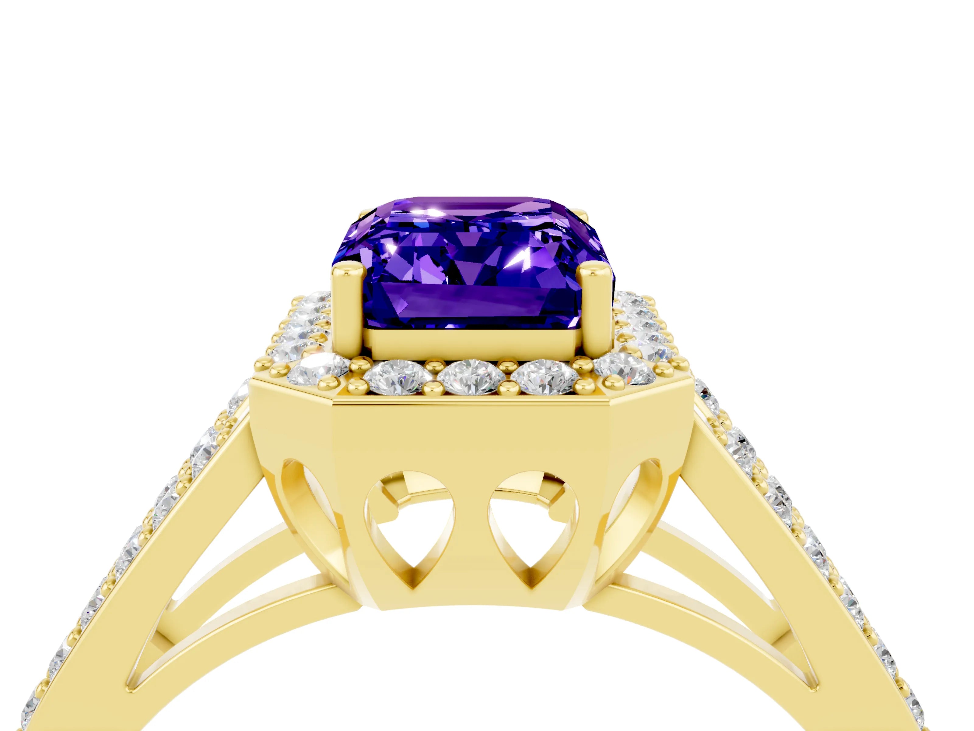 Yellow gold Emerald Cut Tanzanite Halo Ring with Split Shank U-Prong Band and Four-Prong Setting_4