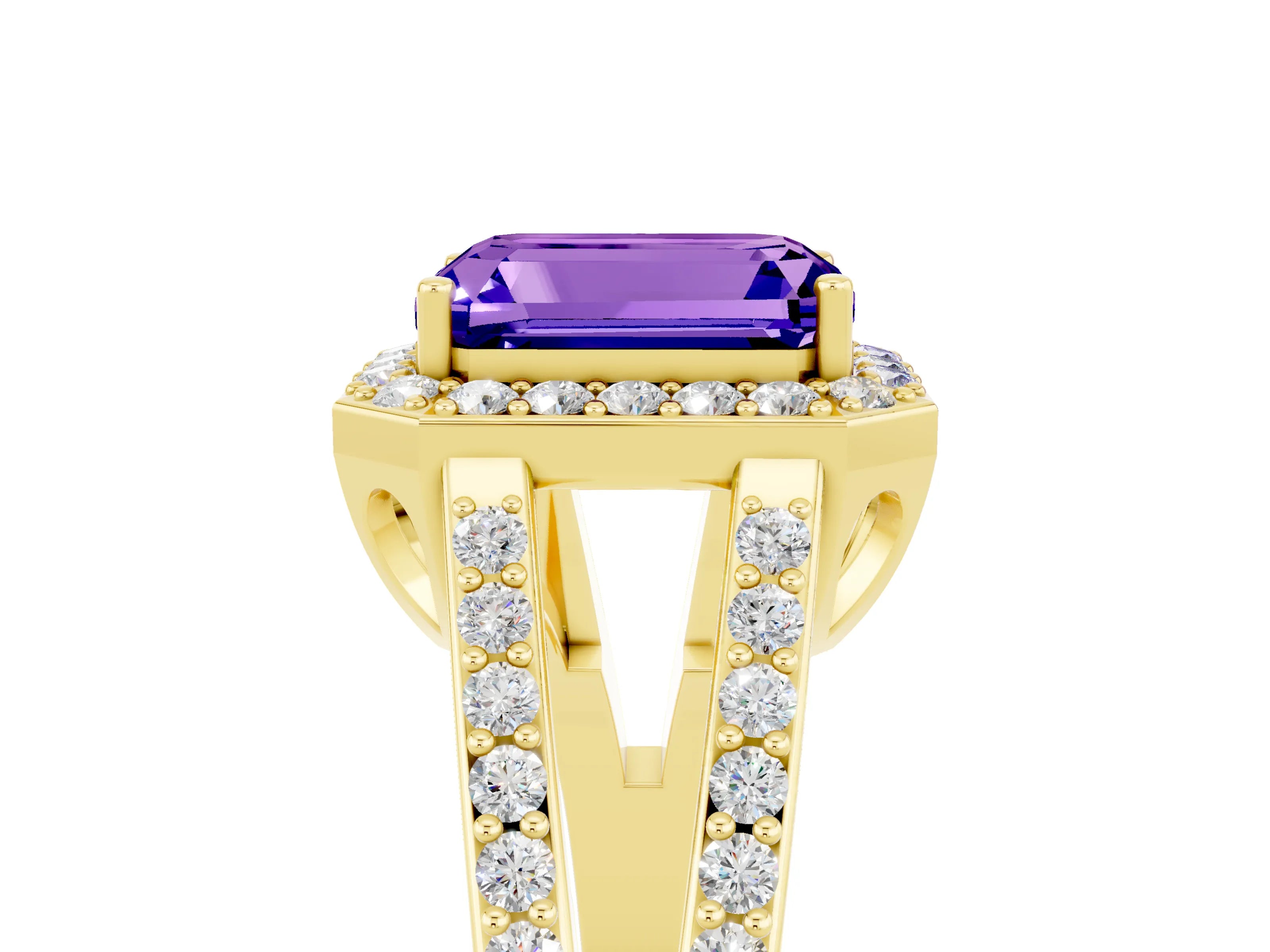 Yellow gold Emerald Cut Tanzanite Halo Ring with Split Shank U-Prong Band and Four-Prong Setting_5