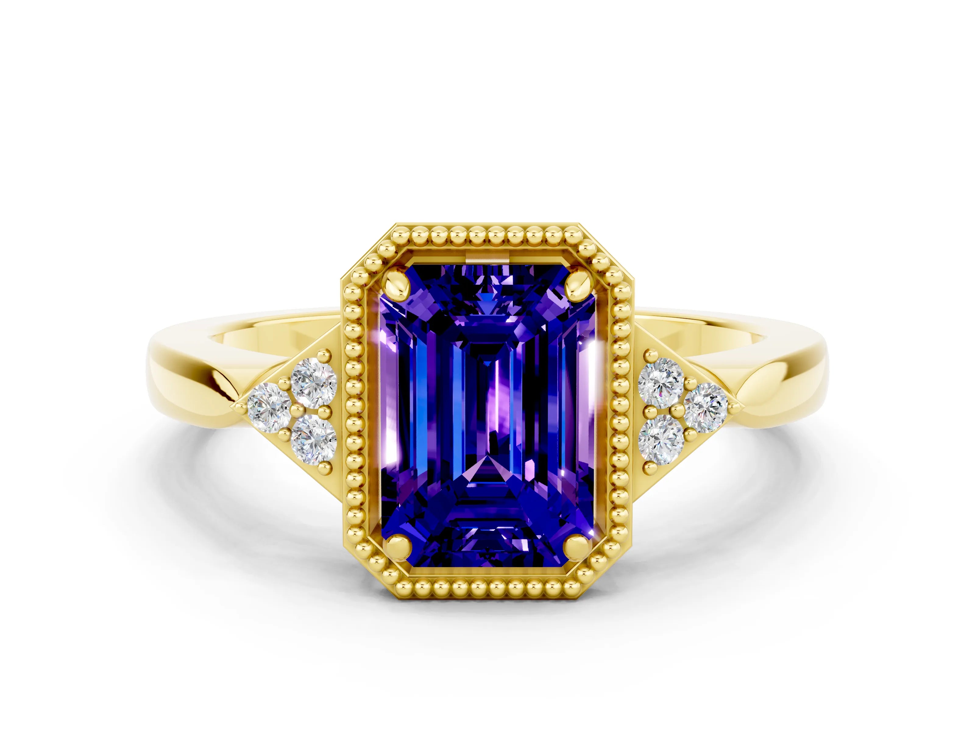 Yellow gold Emerald Cut Tanzanite Halo Ring with Tapered Band and Four-Prong Setting