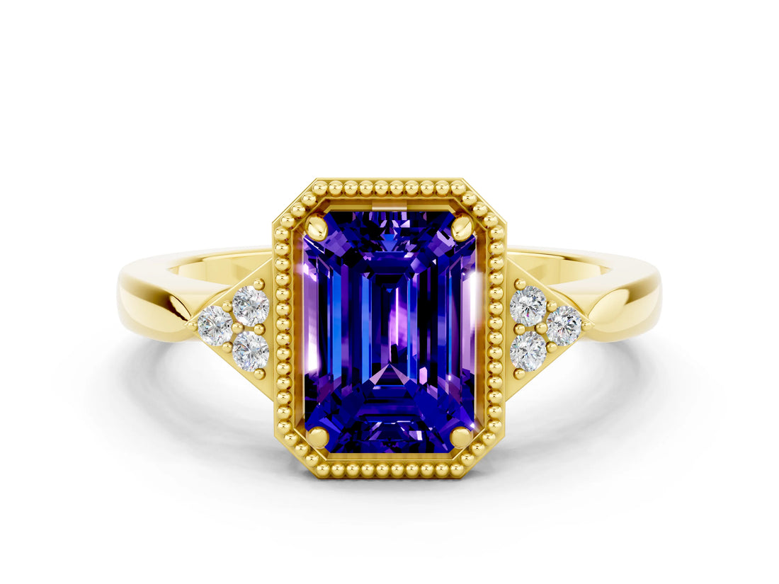 Yellow gold Emerald Cut Tanzanite Halo Ring with Tapered Band and Four-Prong Setting