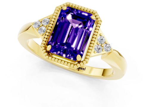 Yellow gold Emerald Cut Tanzanite Halo Ring with Tapered Band and Four-Prong Setting_1