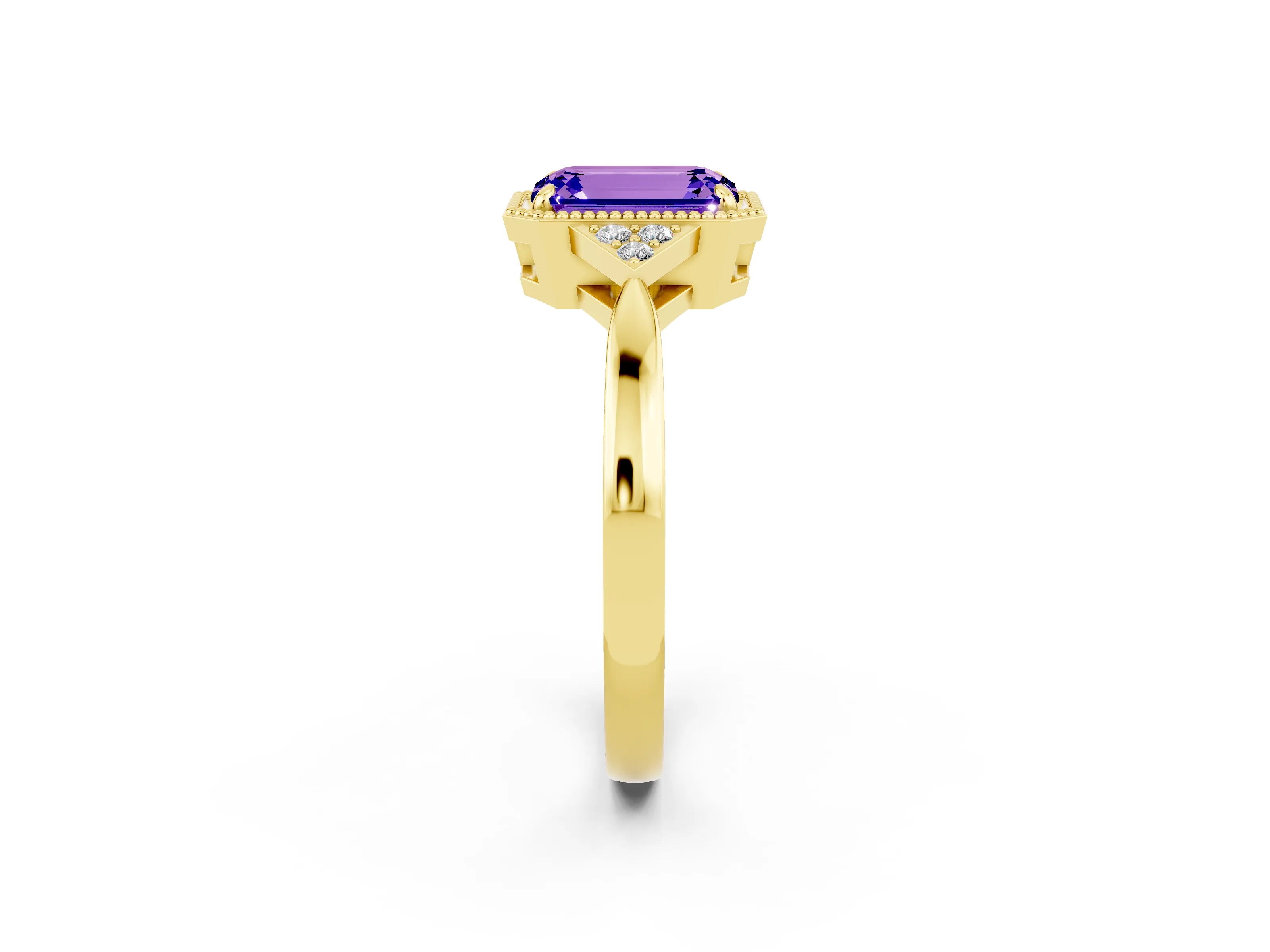 Yellow gold Emerald Cut Tanzanite Halo Ring with Tapered Band and Four-Prong Setting_2