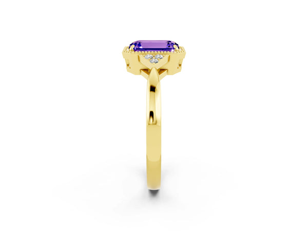 Yellow gold Emerald Cut Tanzanite Halo Ring with Tapered Band and Four-Prong Setting