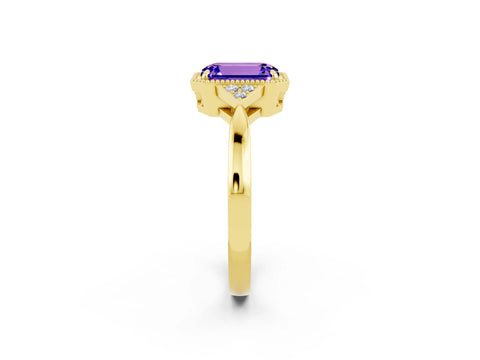 Yellow gold Emerald Cut Tanzanite Halo Ring with Tapered Band and Four-Prong Setting_2