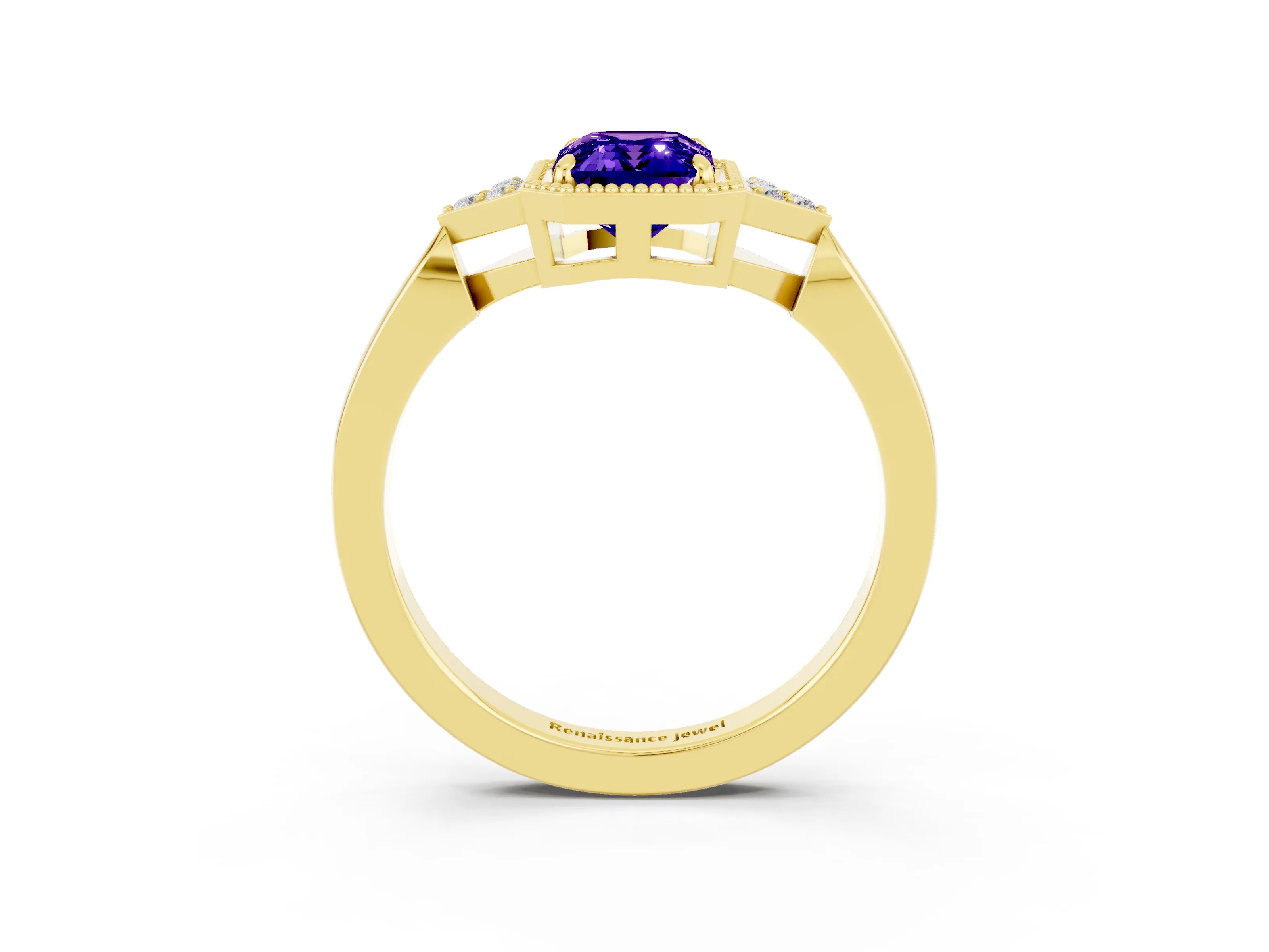 Yellow gold Emerald Cut Tanzanite Halo Ring with Tapered Band and Four-Prong Setting_3