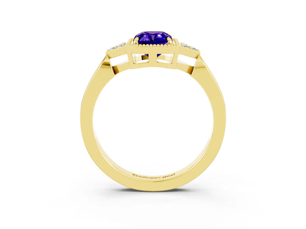 Yellow gold Emerald Cut Tanzanite Halo Ring with Tapered Band and Four-Prong Setting