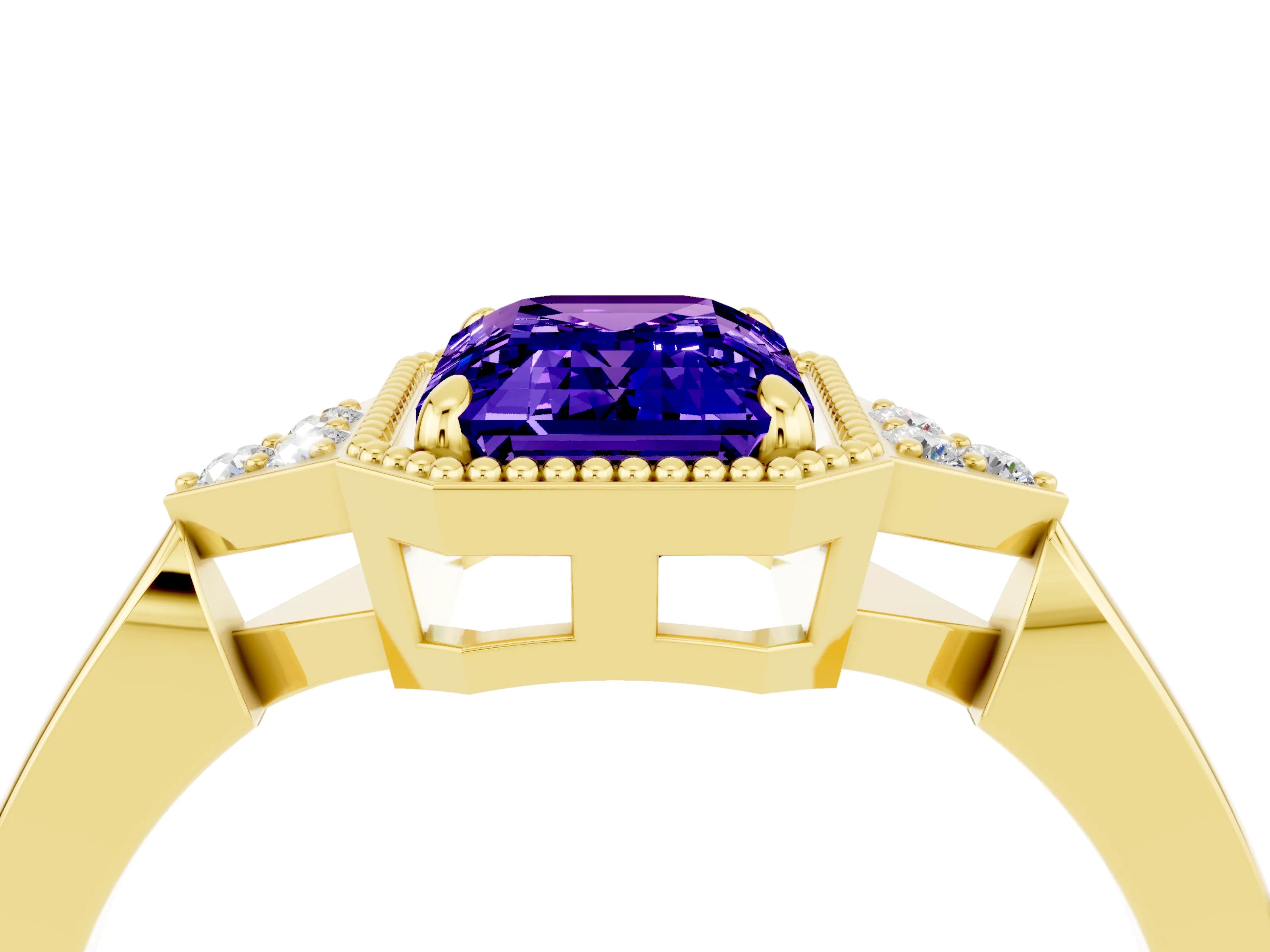 Yellow gold Emerald Cut Tanzanite Halo Ring with Tapered Band and Four-Prong Setting_4
