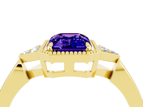 Yellow gold Emerald Cut Tanzanite Halo Ring with Tapered Band and Four-Prong Setting_4