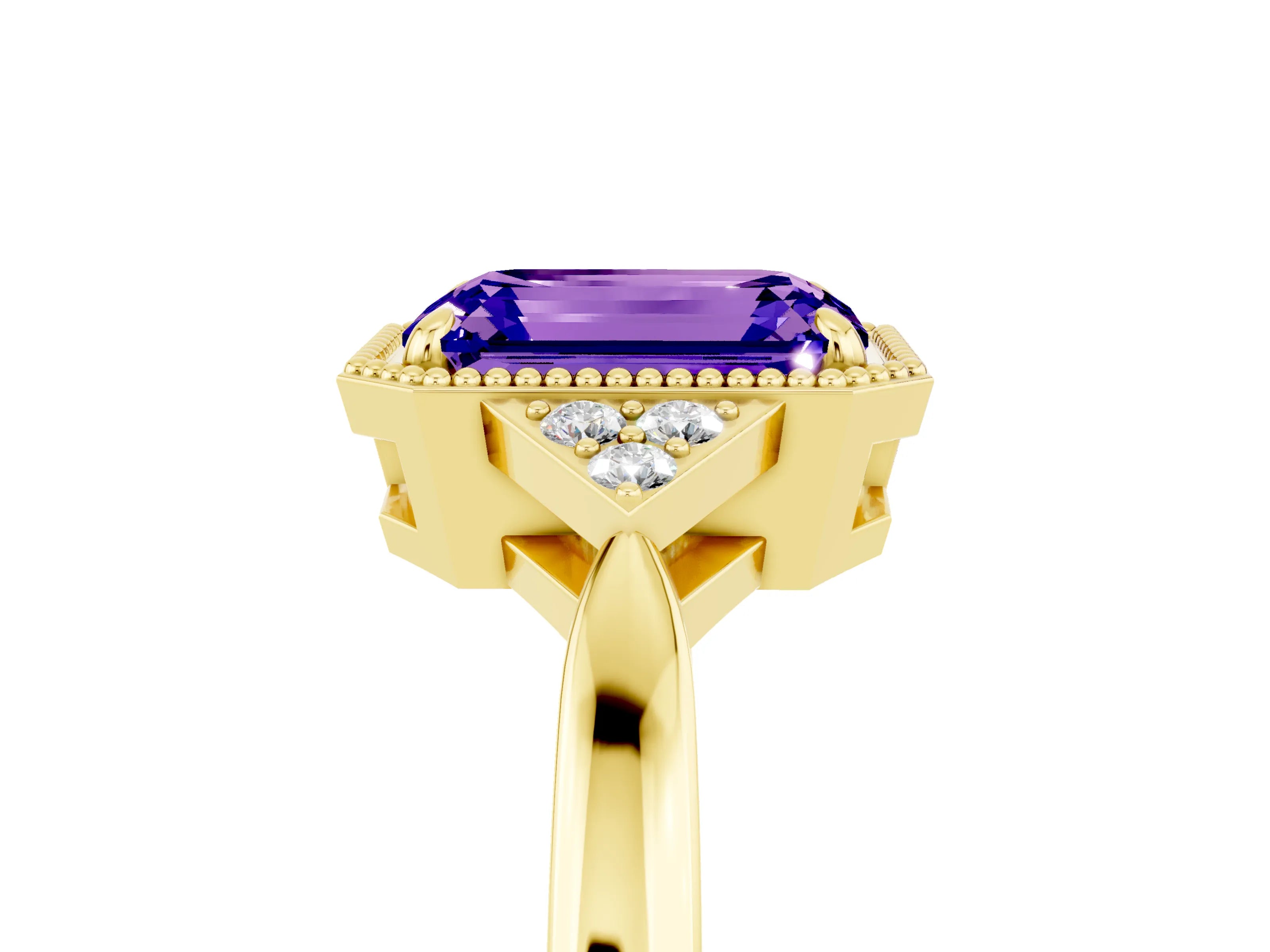 Yellow gold Emerald Cut Tanzanite Halo Ring with Tapered Band and Four-Prong Setting_5
