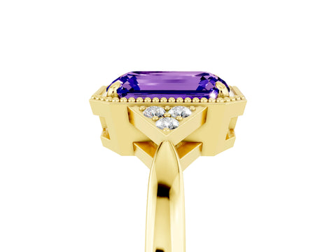 Yellow gold Emerald Cut Tanzanite Halo Ring with Tapered Band and Four-Prong Setting_5