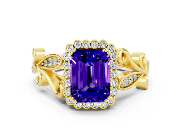 Yellow gold Emerald Cut Tanzanite Halo Ring with Vintage Split Shank and Four-Prong Setting