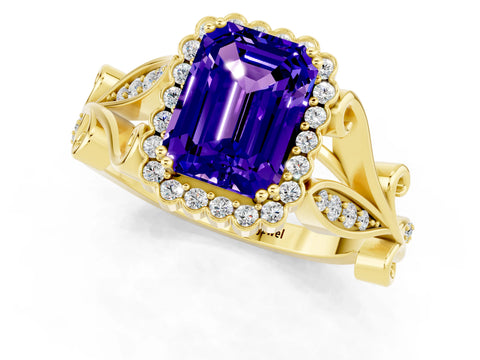 Yellow gold Emerald Cut Tanzanite Halo Ring with Vintage Split Shank and Four-Prong Setting_1