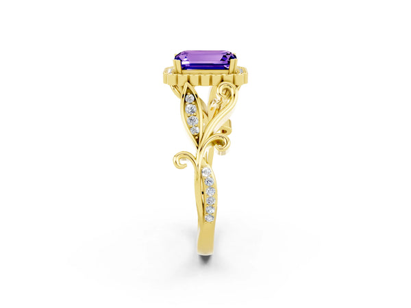 Yellow gold Emerald Cut Tanzanite Halo Ring with Vintage Split Shank and Four-Prong Setting