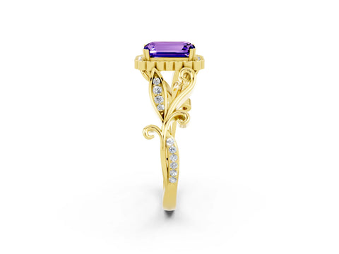 Yellow gold Emerald Cut Tanzanite Halo Ring with Vintage Split Shank and Four-Prong Setting_2