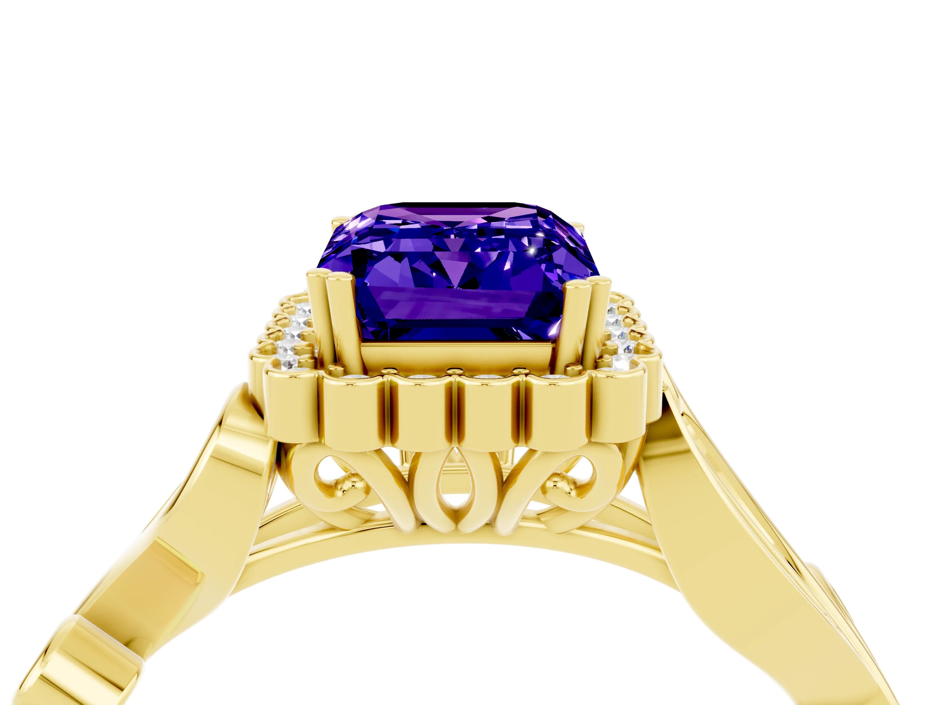 Yellow gold Emerald Cut Tanzanite Halo Ring with Vintage Split Shank and Four-Prong Setting_4