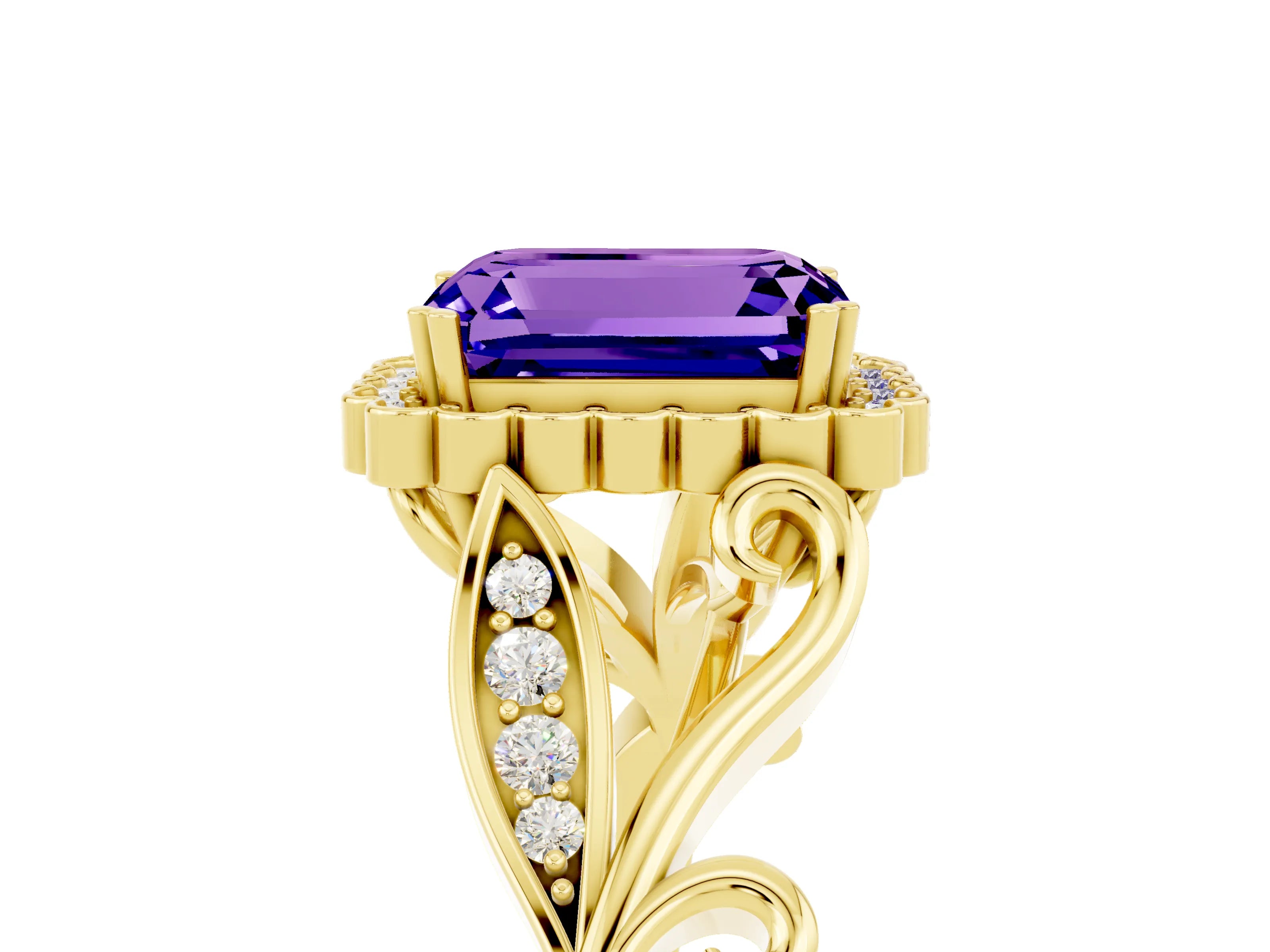 Yellow gold Emerald Cut Tanzanite Halo Ring with Vintage Split Shank and Four-Prong Setting_5