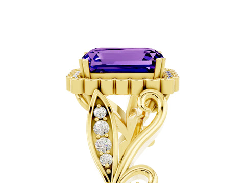 Yellow gold Emerald Cut Tanzanite Halo Ring with Vintage Split Shank and Four-Prong Setting_5