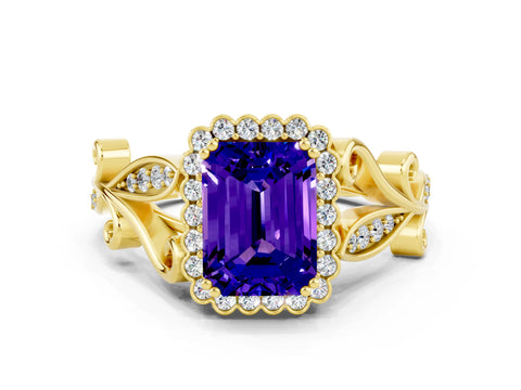 Yellow gold Emerald Cut Tanzanite Halo Ring with Vintage Split Shank and Four-Prong Setting