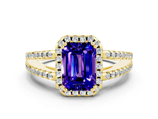 Yellow gold Emerald Cut Tanzanite Halo Split Shank Engagement Ring