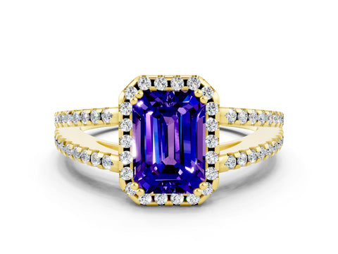 Yellow gold Emerald Cut Tanzanite Halo Split Shank Engagement Ring_12