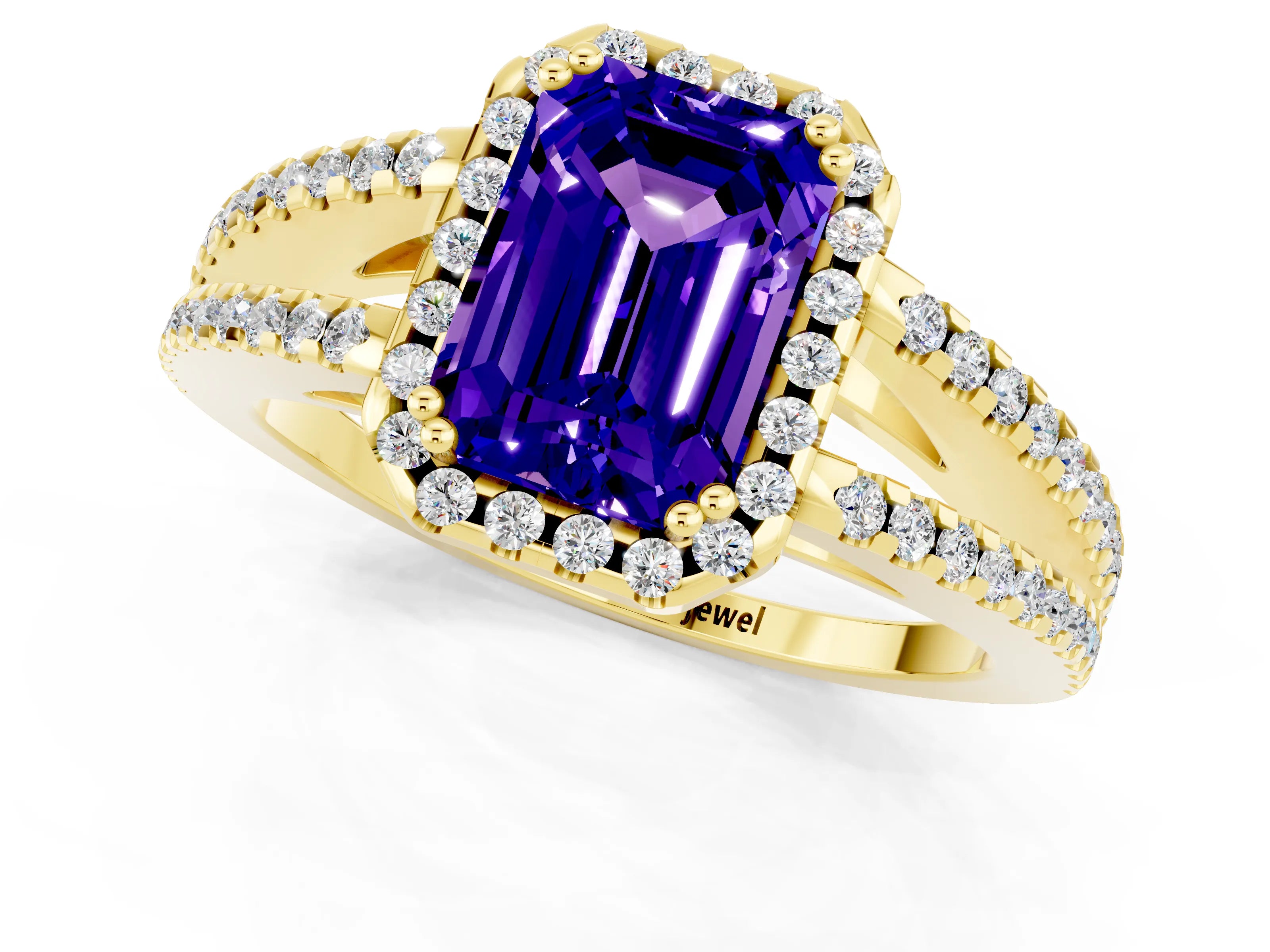 Yellow gold Emerald Cut Tanzanite Halo Split Shank Engagement Ring_13