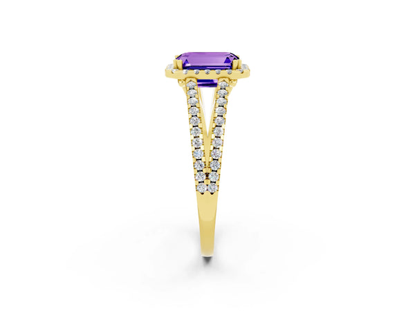 Yellow gold Emerald Cut Tanzanite Halo Split Shank Engagement Ring
