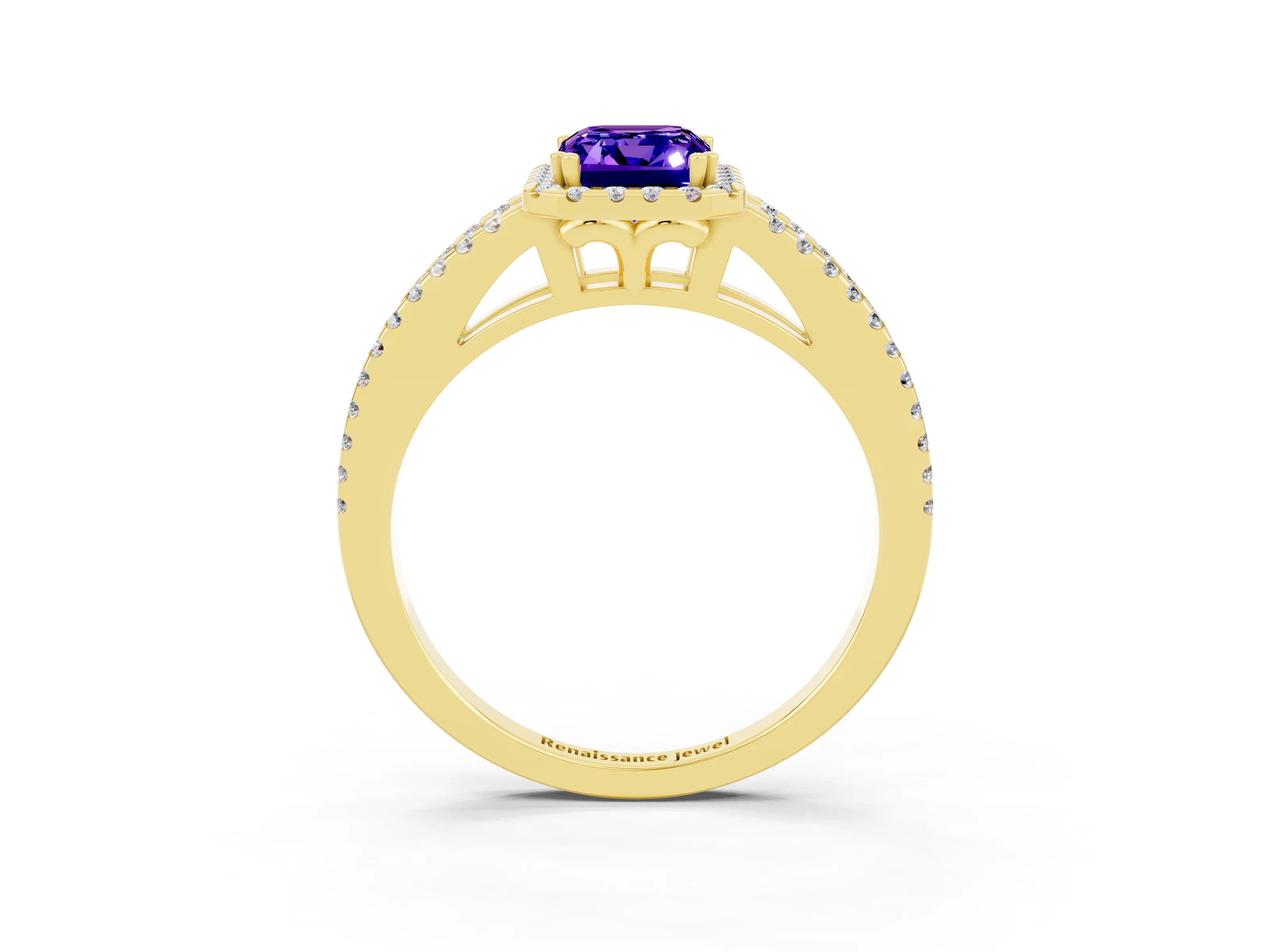 Yellow gold Emerald Cut Tanzanite Halo Split Shank Engagement Ring_15