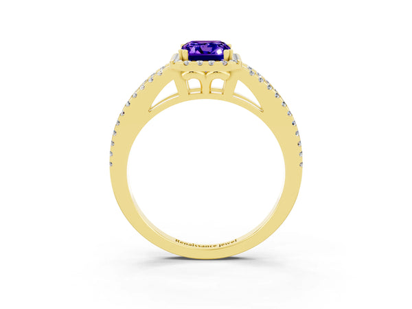 Yellow gold Emerald Cut Tanzanite Halo Split Shank Engagement Ring