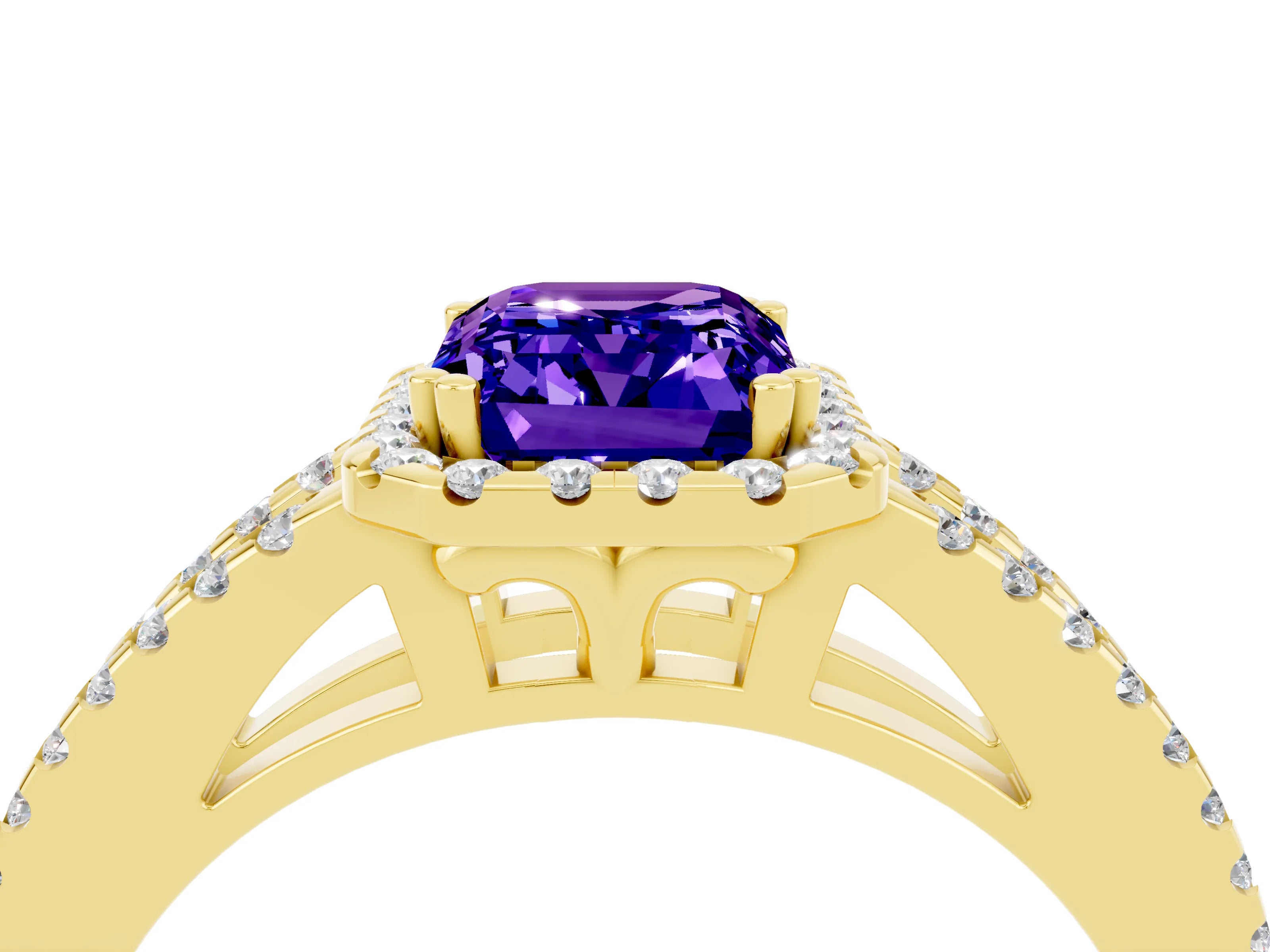 Yellow gold Emerald Cut Tanzanite Halo Split Shank Engagement Ring_16