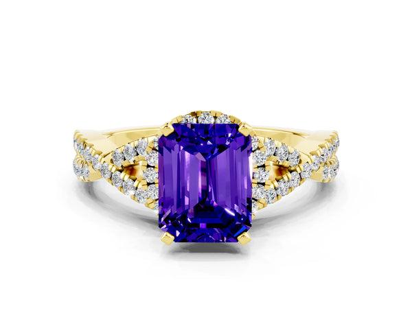 Yellow gold Emerald Cut Tanzanite  Halo Twist Band Solitaire Prong Setting Ring