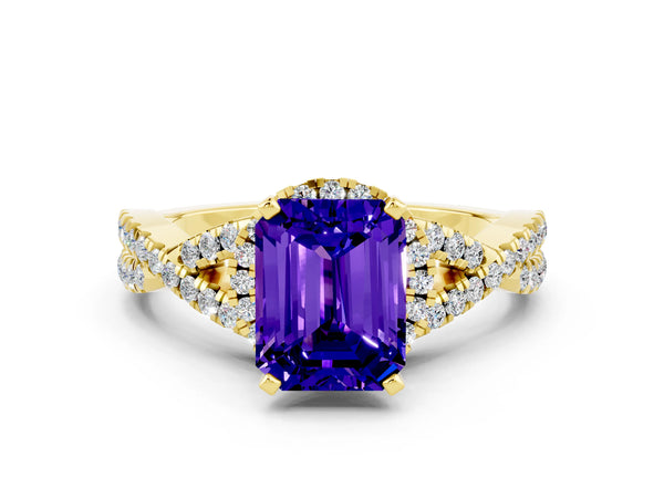 Yellow gold Emerald Cut Tanzanite  Halo Twist Band Solitaire Prong Setting Ring