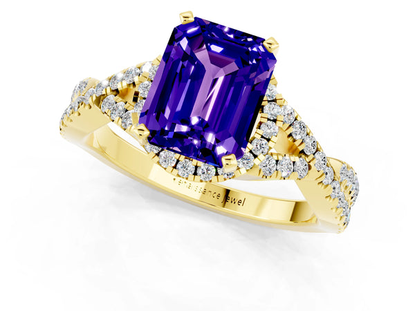 Yellow gold Emerald Cut Tanzanite  Halo Twist Band Solitaire Prong Setting Ring