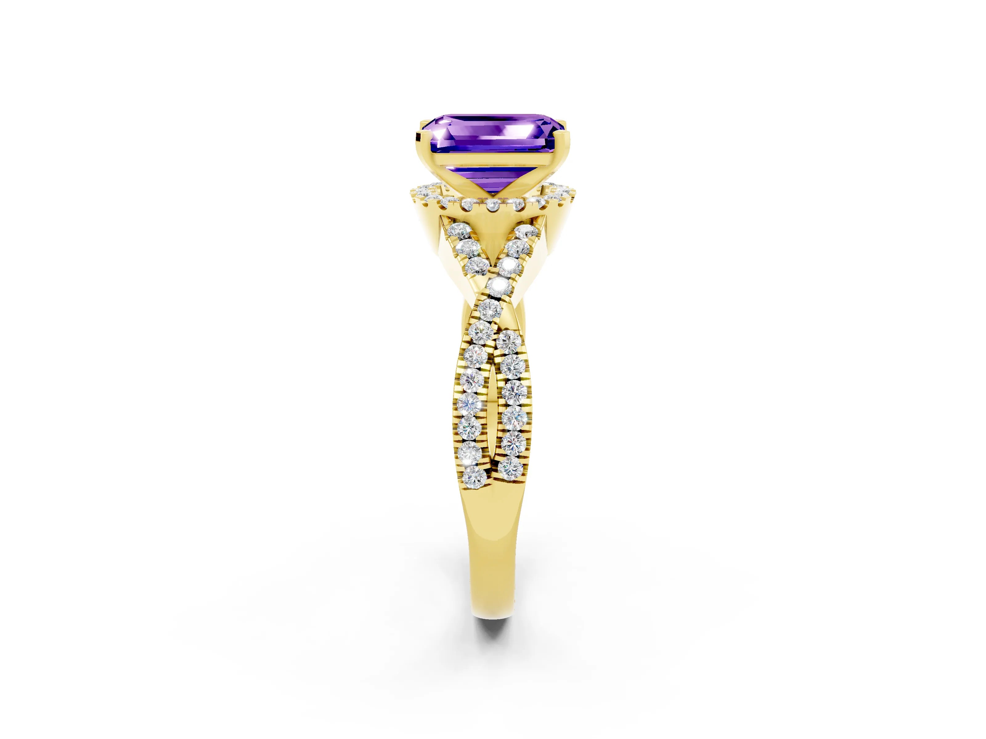 Yellow gold Emerald Cut Tanzanite Halo Twist Band Solitaire Prong Setting Ring_2