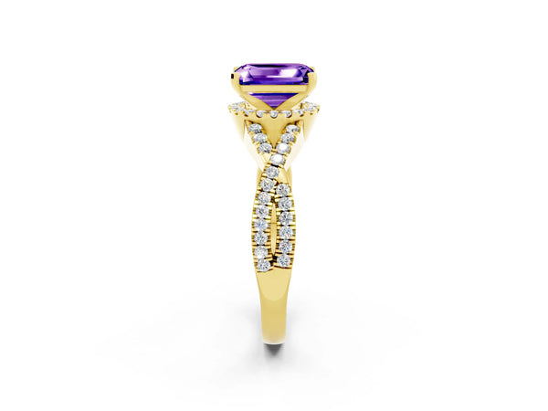 Yellow gold Emerald Cut Tanzanite  Halo Twist Band Solitaire Prong Setting Ring