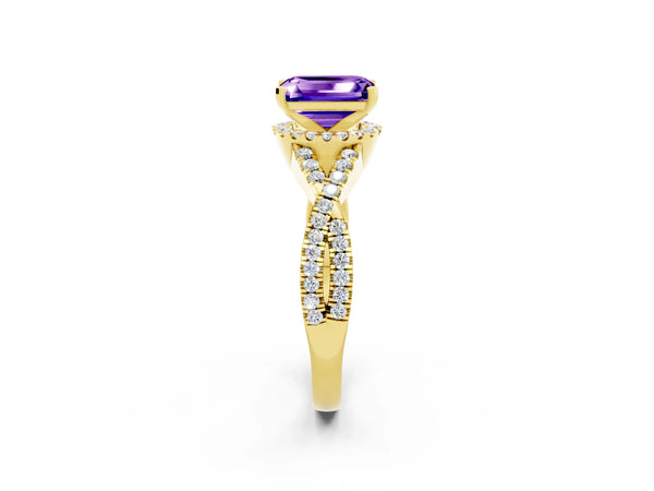 Yellow gold Emerald Cut Tanzanite  Halo Twist Band Solitaire Prong Setting Ring