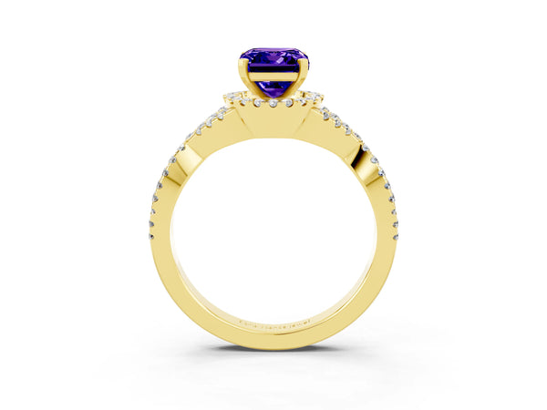 Yellow gold Emerald Cut Tanzanite  Halo Twist Band Solitaire Prong Setting Ring