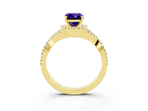 Yellow gold Emerald Cut Tanzanite  Halo Twist Band Solitaire Prong Setting Ring