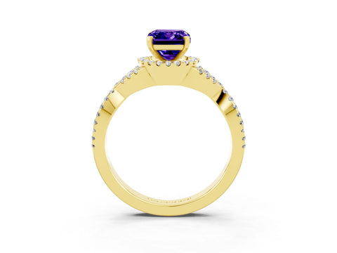 Yellow gold Emerald Cut Tanzanite Halo Twist Band Solitaire Prong Setting Ring_3