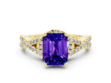 Yellow gold Emerald Cut Tanzanite  Halo Twist Band Solitaire Prong Setting Ring_42