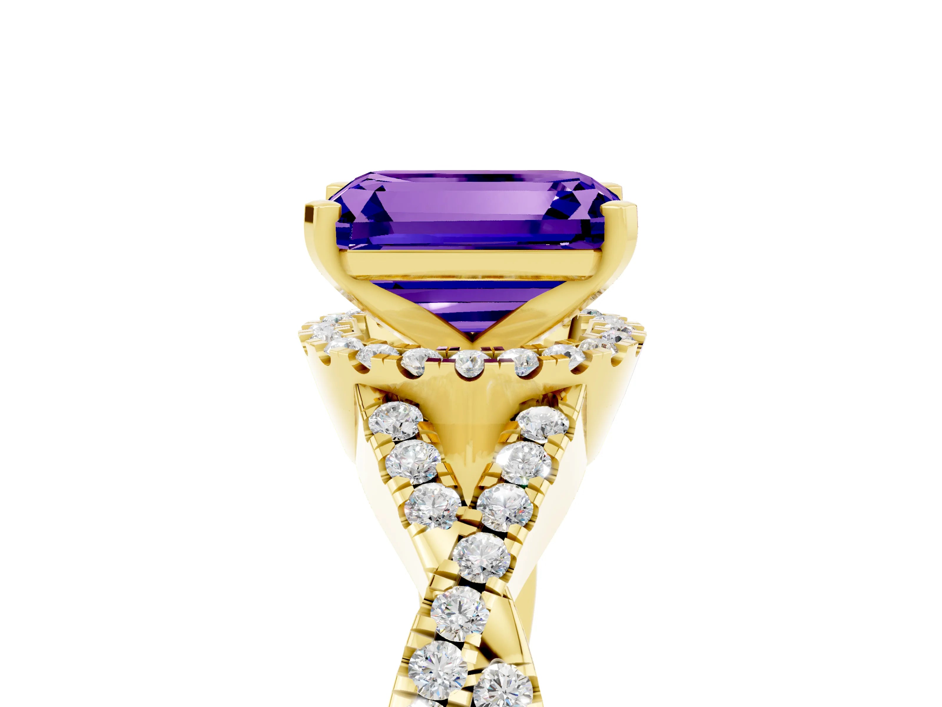 Yellow gold Emerald Cut Tanzanite Halo Twist Band Solitaire Prong Setting Ring_5
