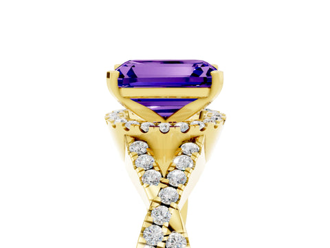 Yellow gold Emerald Cut Tanzanite Halo Twist Band Solitaire Prong Setting Ring_5