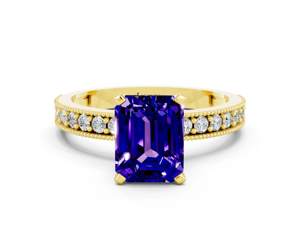Yellow gold Emerald Cut Tanzanite Milgrain Pavé Engagement Ring with Four-Prong Setting