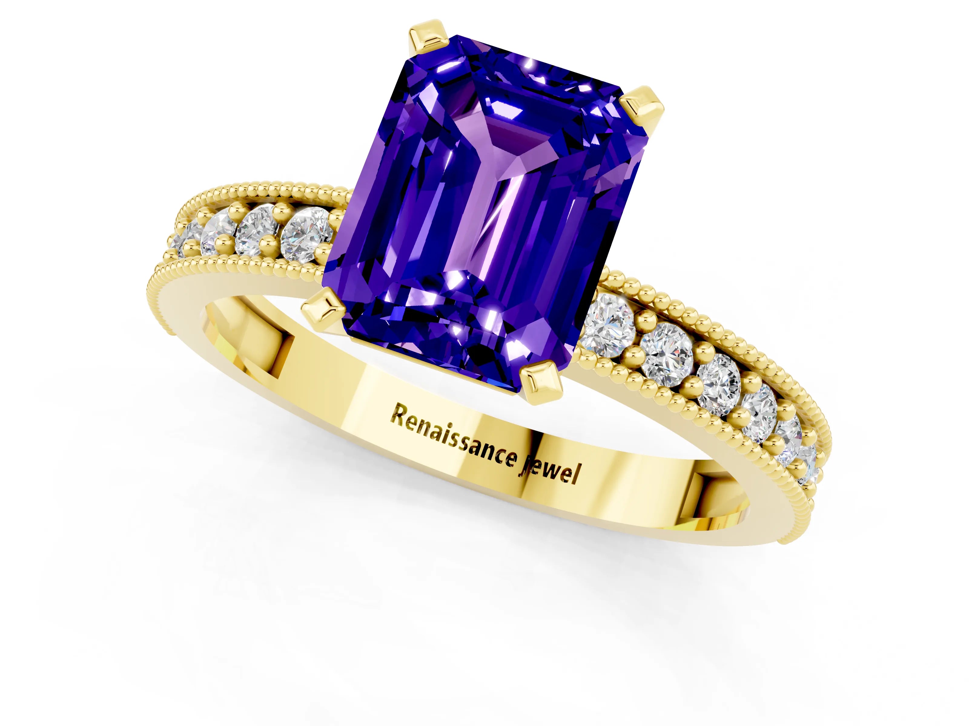 Yellow gold Emerald Cut Tanzanite Milgrain Pavé Engagement Ring with Four-Prong Setting_13