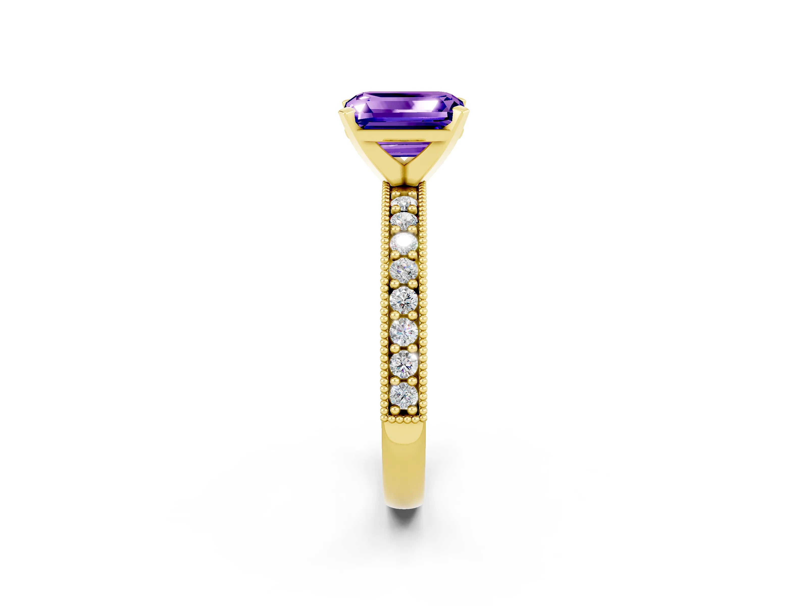 Yellow gold Emerald Cut Tanzanite Milgrain Pavé Engagement Ring with Four-Prong Setting_14