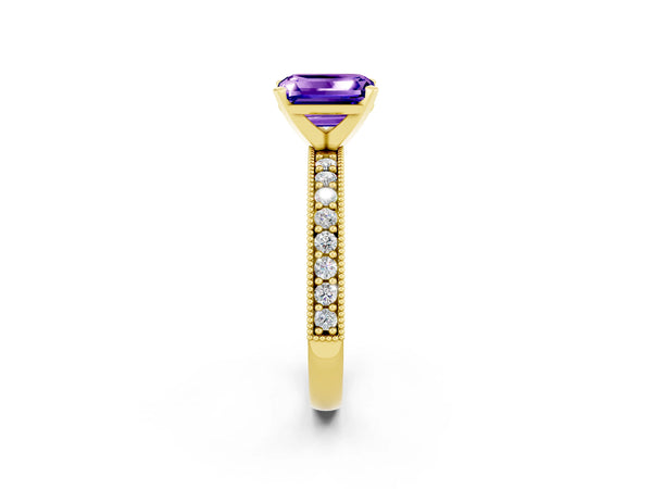 Yellow gold Emerald Cut Tanzanite Milgrain Pavé Engagement Ring with Four-Prong Setting