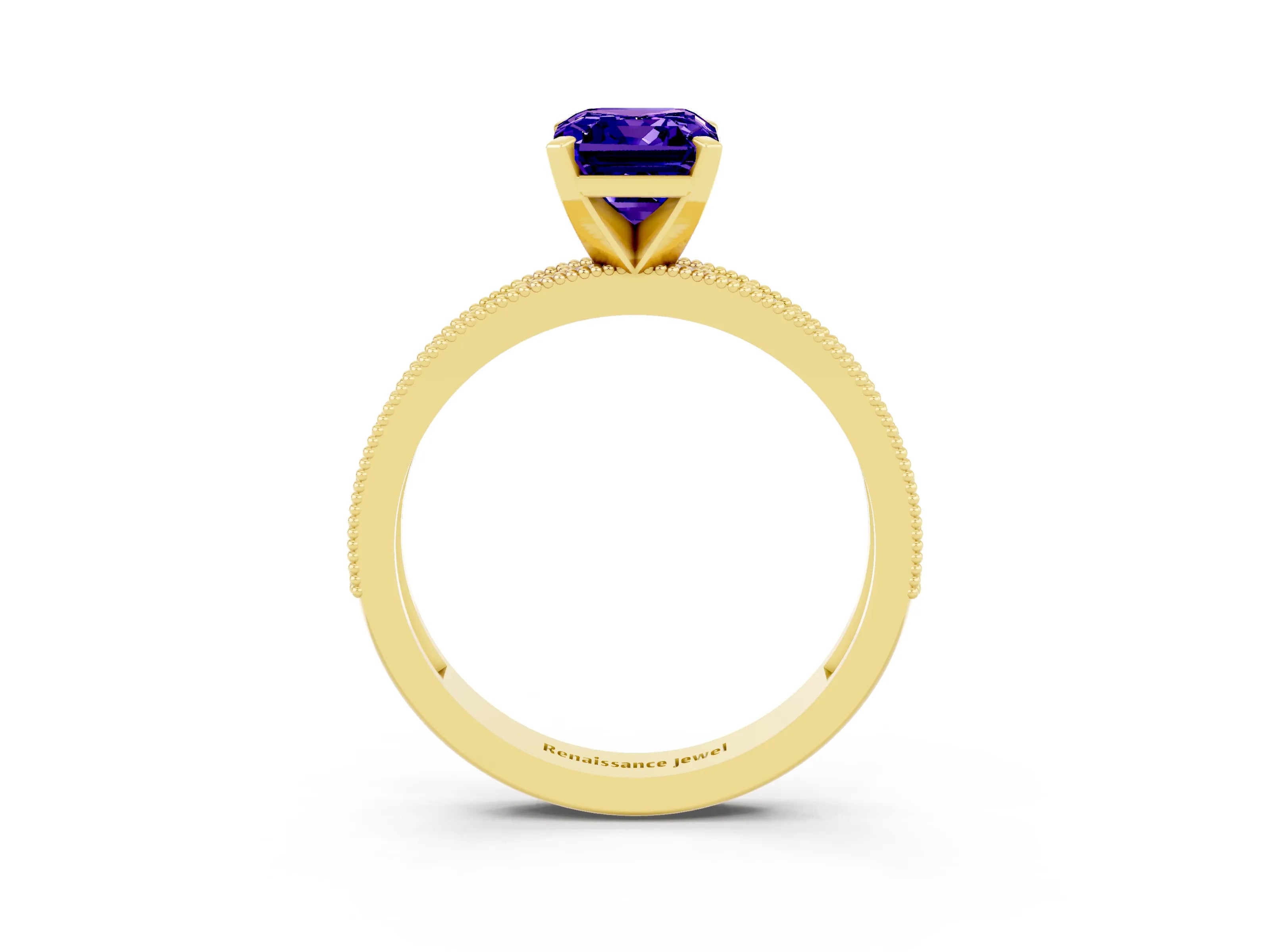 Yellow gold Emerald Cut Tanzanite Milgrain Pavé Engagement Ring with Four-Prong Setting_15