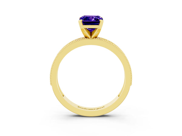 Yellow gold Emerald Cut Tanzanite Milgrain Pavé Engagement Ring with Four-Prong Setting